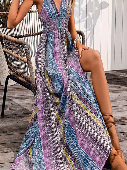 Retro 70s Bohemian Ethnic V-neck Empire Waist Flowy Maxi Dress