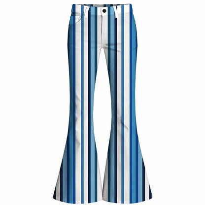 Retro 70s Blue and White Striped High Waist Wide Flared Trousers