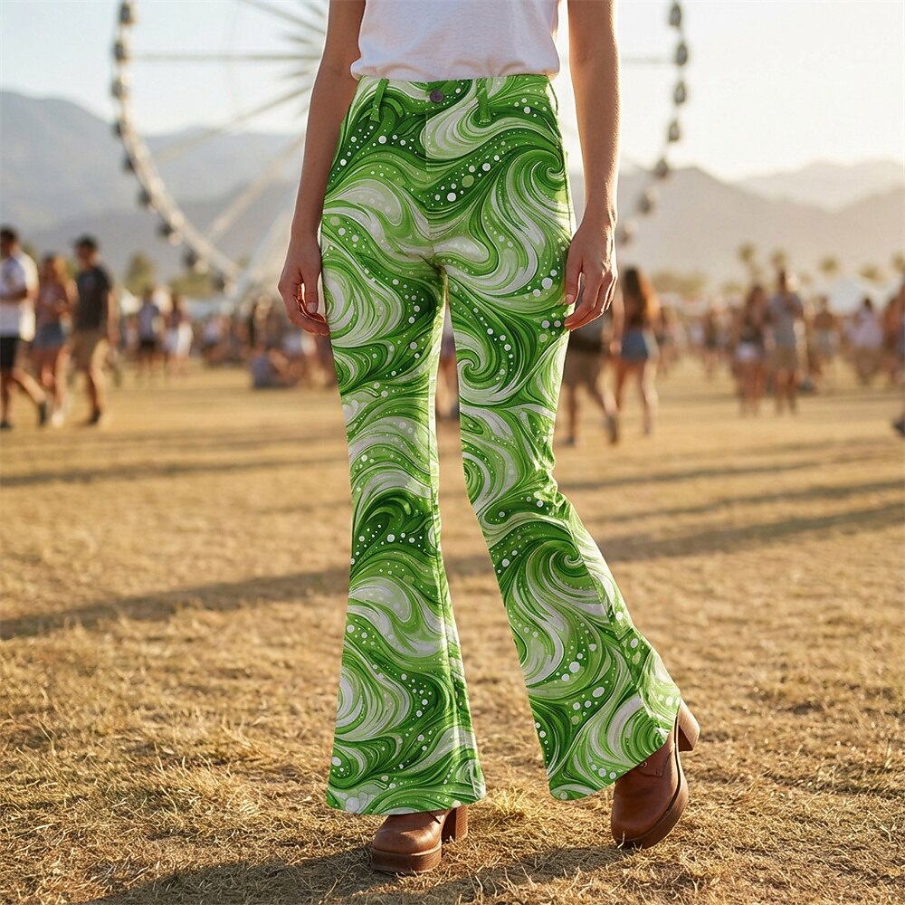 Retro 70s Swirling Waves High Waist Wide Flared Trousers