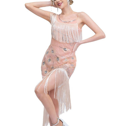 One-Shoulder Flapper Dress with Sequin Floral Detailing