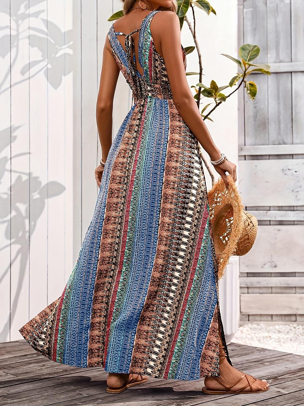 Retro 70s Bohemian Ethnic V-neck Empire Waist Flowy Maxi Dress