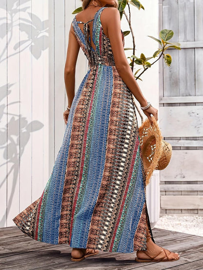 Retro 70s Bohemian Ethnic V-neck Empire Waist Flowy Maxi Dress