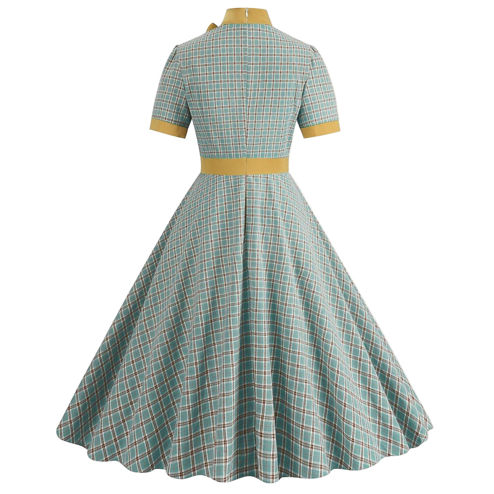 Women's 1950s Plaid Checkered Bow Tie Neck Swing Dress