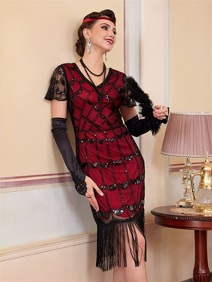 Red Sequin Pattern Flapper Dress