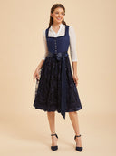 Navy Blue Midi Dirndl Dress with Sequin Embroidered Apron