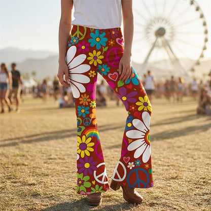 Retro 70s Peace Sign Floral Hearts High Waist Wide Flared Trousers