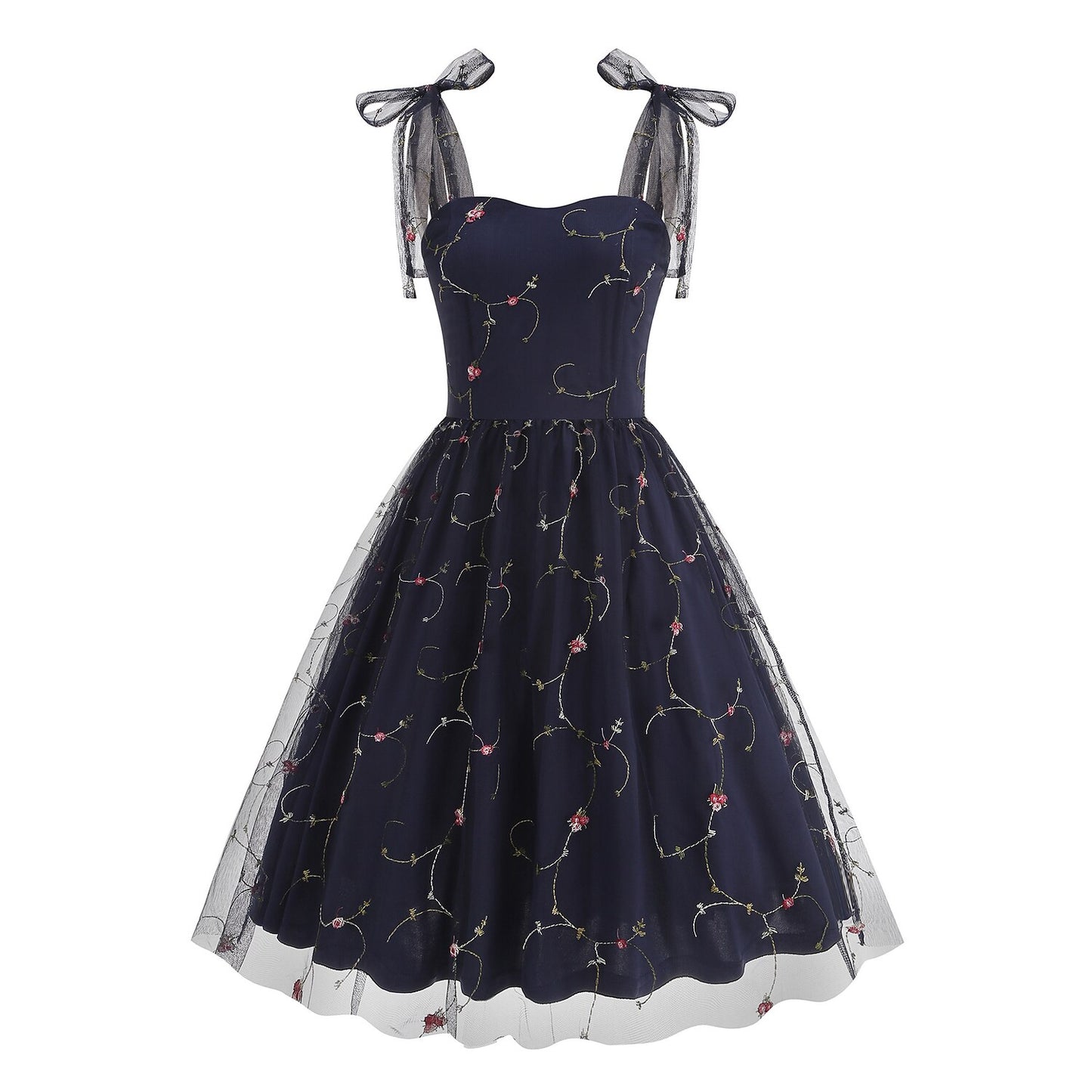 Embroidered Tie Strap Midi Dress