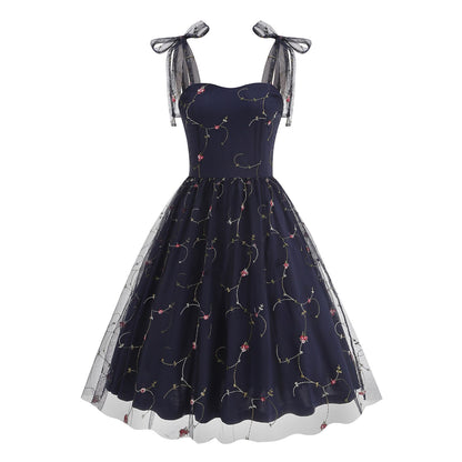 Embroidered Tie Strap Midi Dress