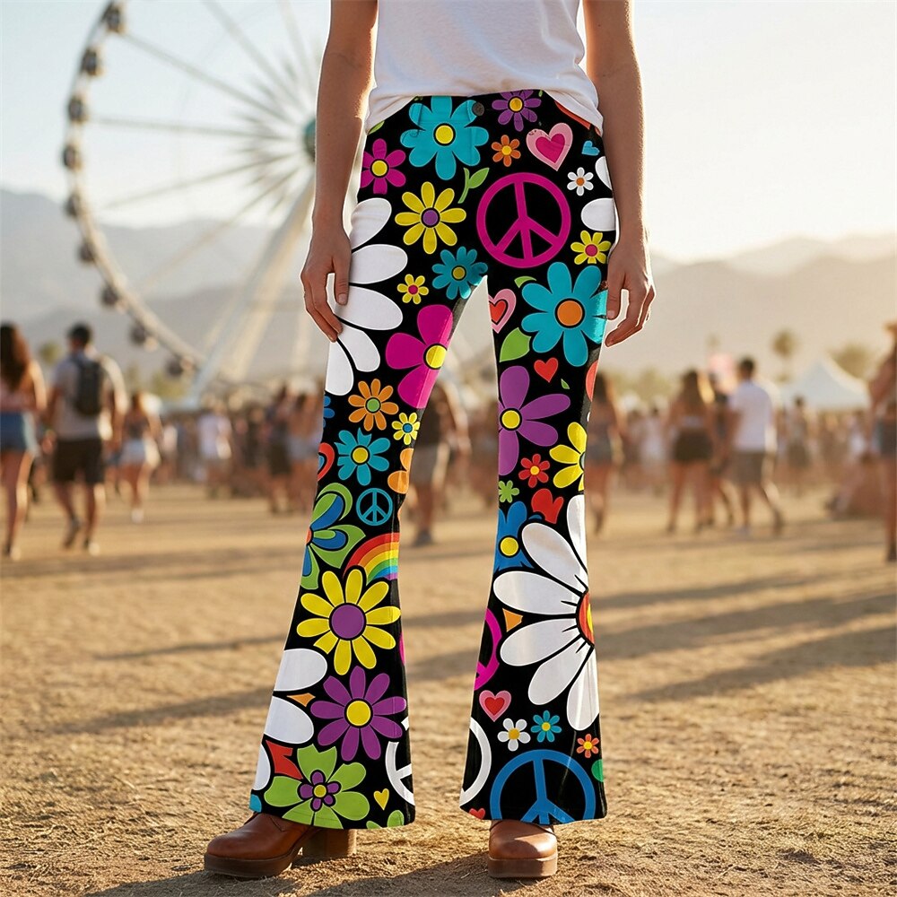 Retro 70s Peace Sign Floral Hearts High Waist Wide Flared Trousers