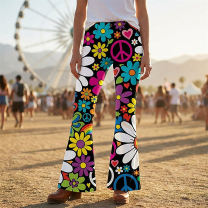 Retro 70s Peace Sign Floral Hearts High Waist Wide Flared Trousers