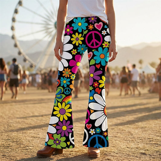 Retro 70s Peace Sign Floral Hearts High Waist Wide Flared Trousers