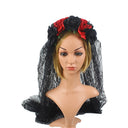 Copricapo da donna gotico in pizzo con rosa e velo scheletro per Halloween