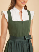 Abito Dirndl verde tinta unita da donna con grembiule lucido e fiocco