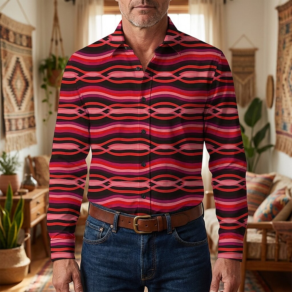 Retro 70S Wavy Geometric Stripe Pattern Long Sleeves Collar Shirt