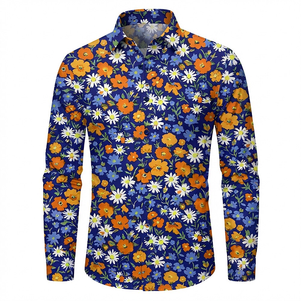 Retro 70S Vintage Floral Daisy Poppy Pattern Long Sleeves Collar Shirt