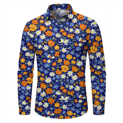 Retro 70S Vintage Floral Daisy Poppy Pattern Long Sleeves Collar Shirt