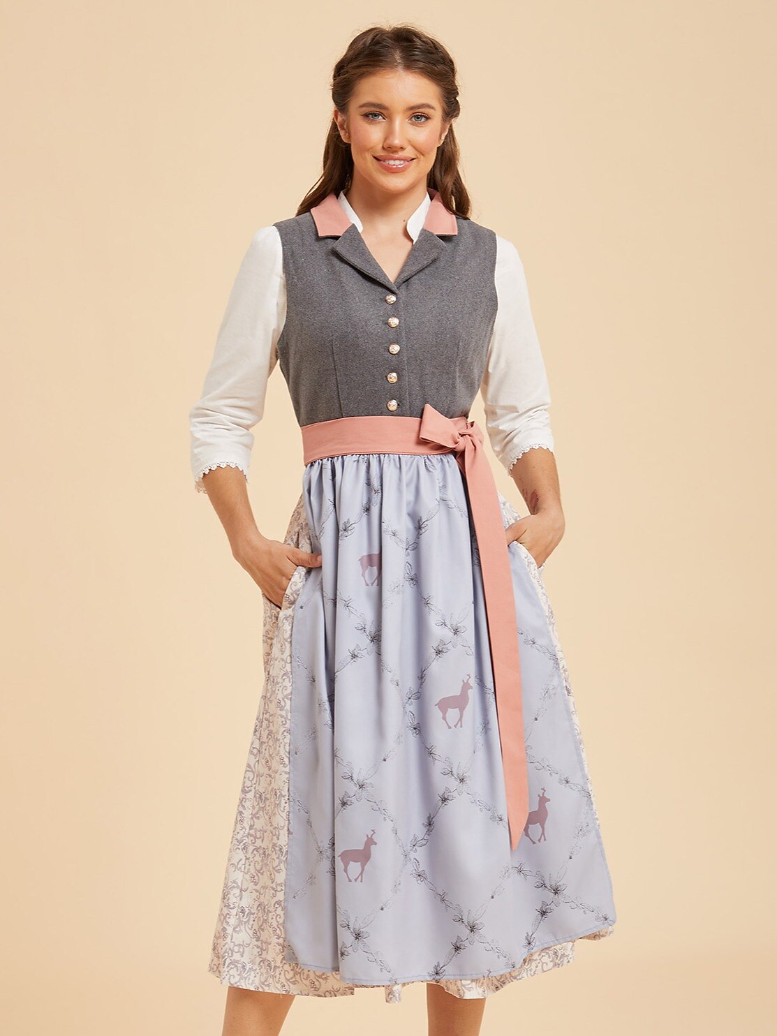 Oktoberfest Grey Dirndl Dress with Deer Print Apron
