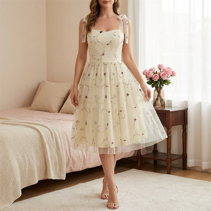 Embroidered Tie Strap Midi Dress