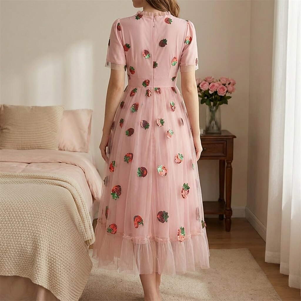 Strawberry Embroidered Mesh Midi Dress