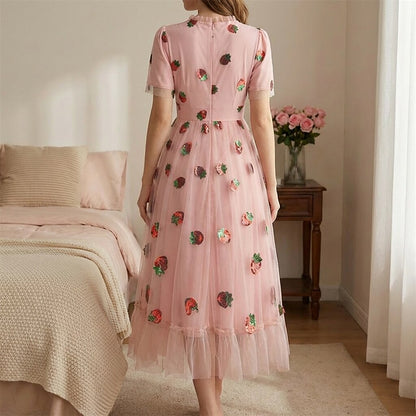 Strawberry Embroidered Mesh Midi Dress