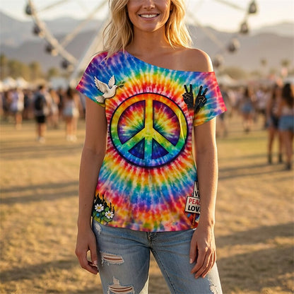 Retro 70s Peace Symbol Tie-Dye One Shoulder Short Sleeves T-shirt