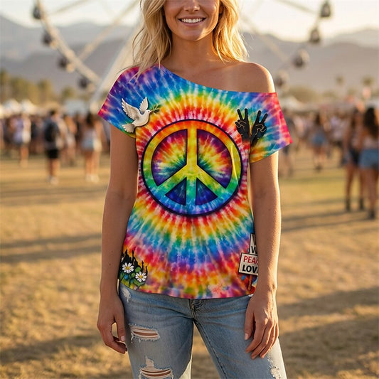 Retro 70s Peace Symbol Tie-Dye One Shoulder Short Sleeves T-shirt
