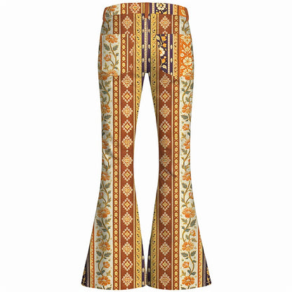Retro 70s Floral Striped High Waist Wide Flared Trousers
