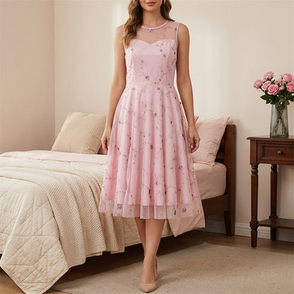 Embroidered Floral Tulle Midi Dress