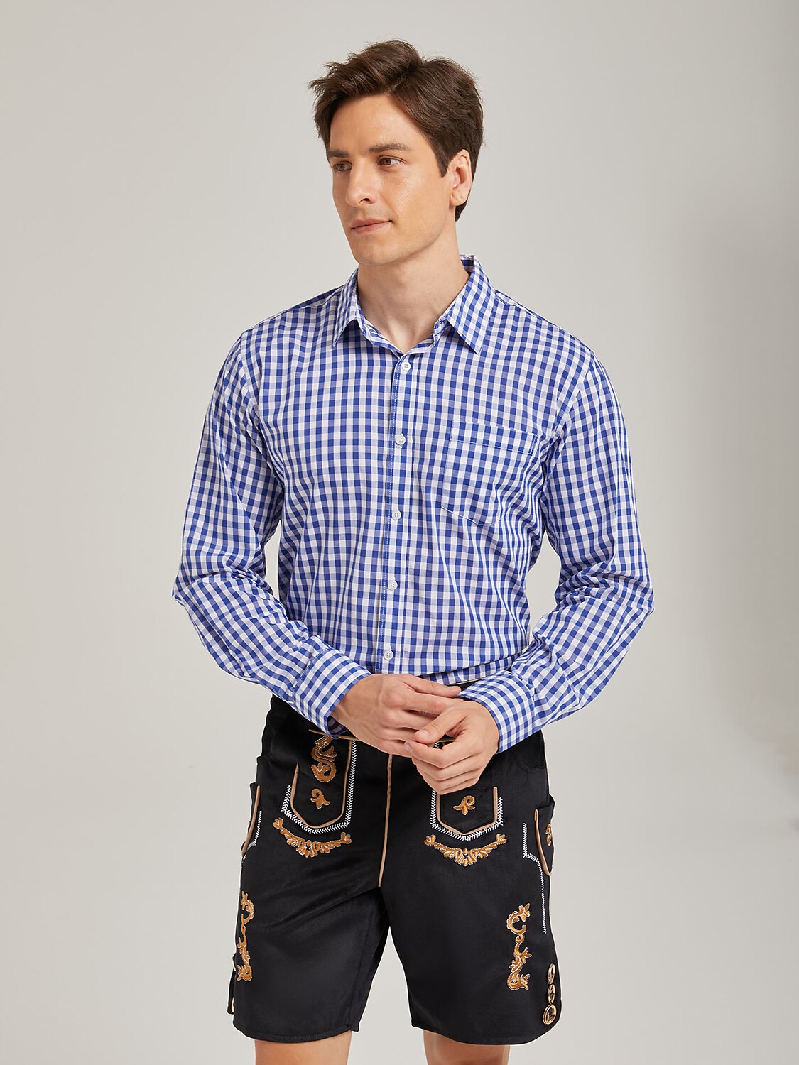 Men’s Blue Checkered Oktoberfest Shirt for Lederhosen