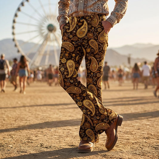 Retro 70s Paisley Print High Waist Wide Flared Trousers