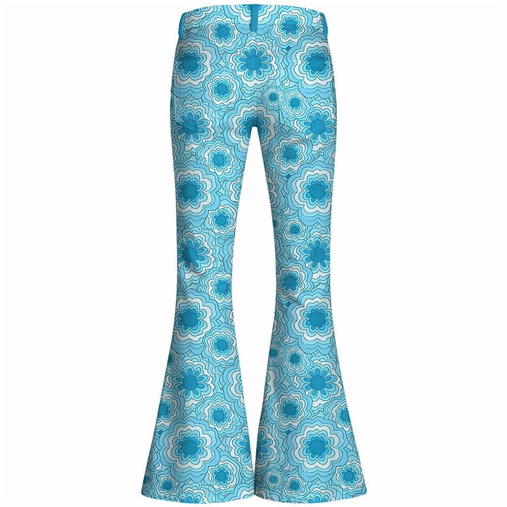 Retro 70s Geometric Floral High Waist Wide Flared Trousers