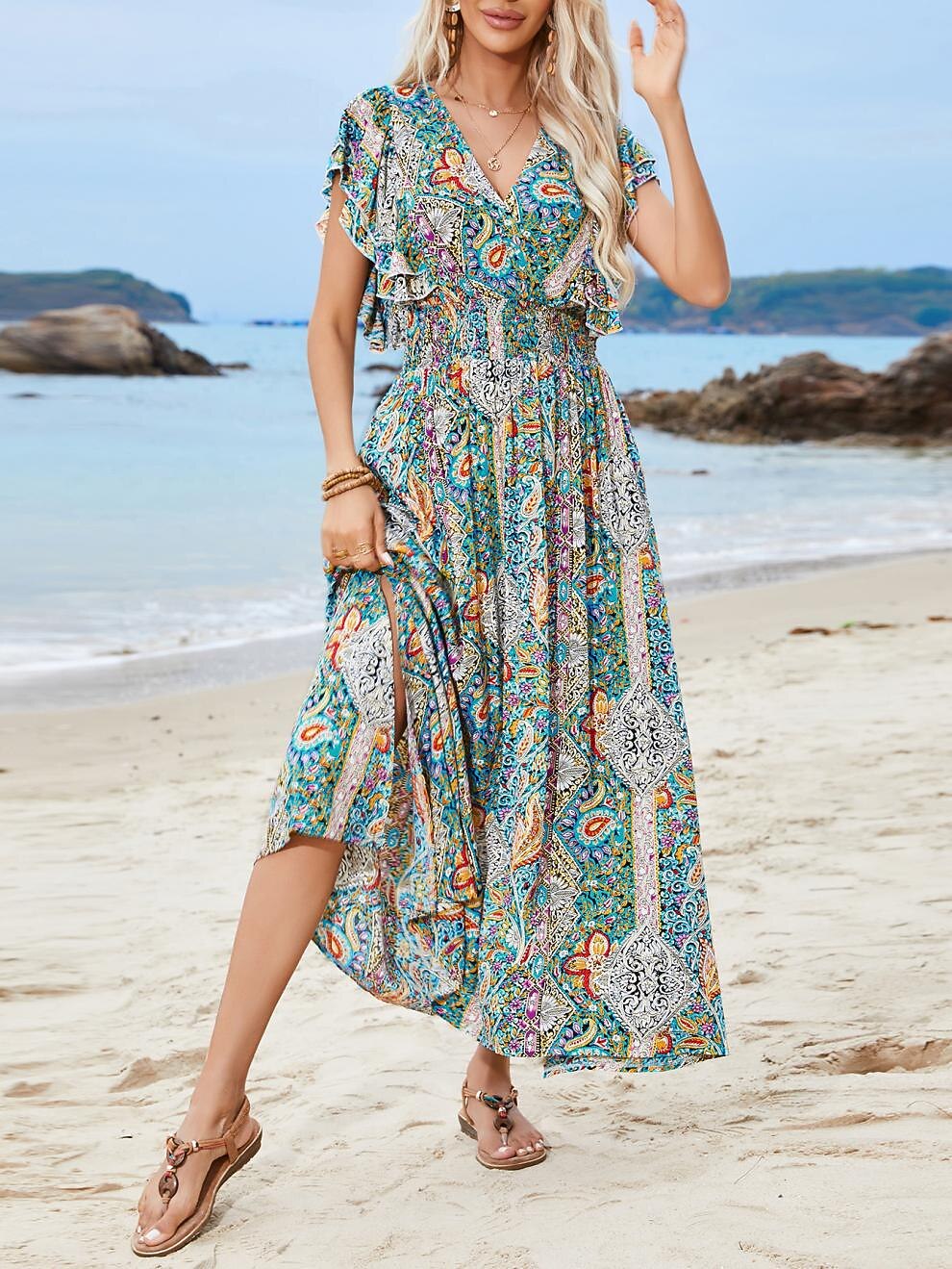 Retro 70s Bohemian Paisley Empire Waist Maxi Dress