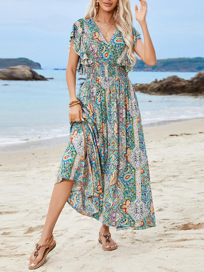 Retro 70s Bohemian Paisley Empire Waist Maxi Dress