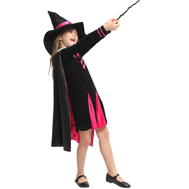 Girls Witch Costume Black Pink Dress with Hat