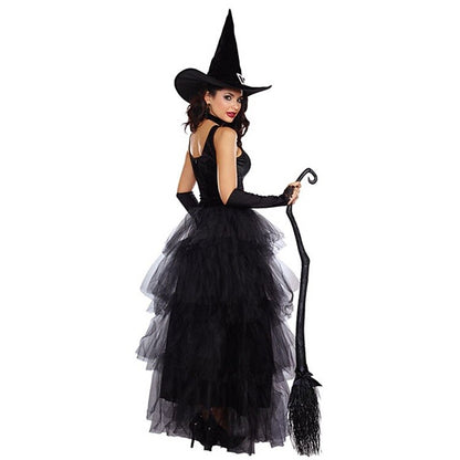 Black Witch Costume Long Tiered Tulle Dress with Hat Gloves