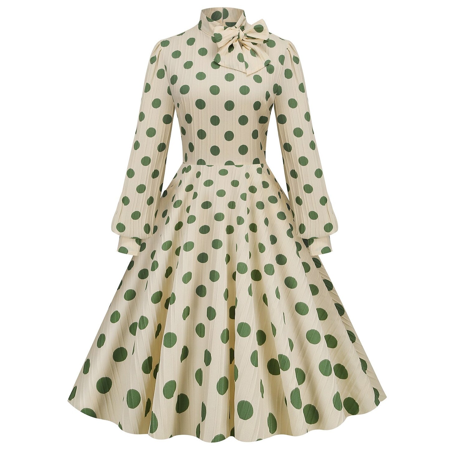 Women's 1950s Polka Dot Bow Tie Neck Long Sleeve Flare Dress