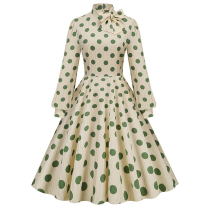 Women's 1950s Polka Dot Bow Tie Neck Long Sleeve Flare Dress