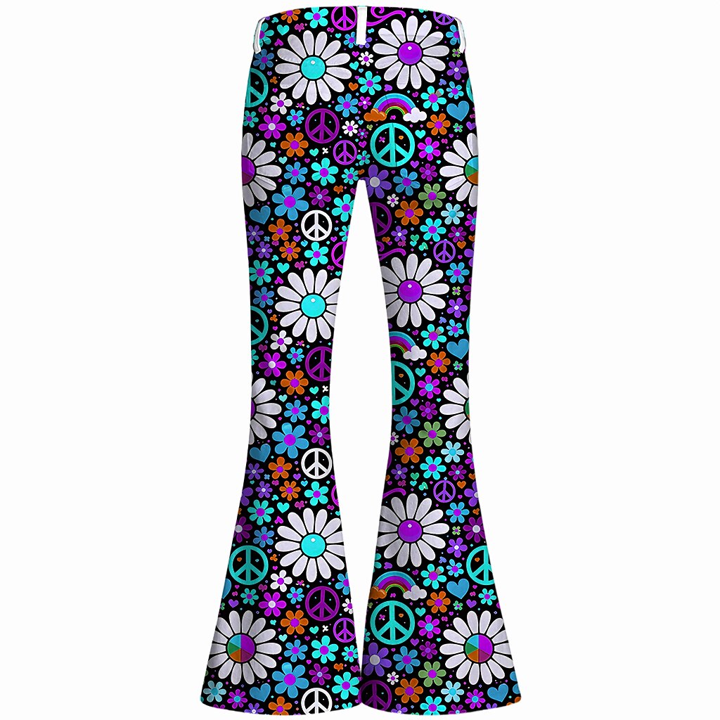 Retro 70s Peace Sign Floral High Waist Wide Flared Trousers