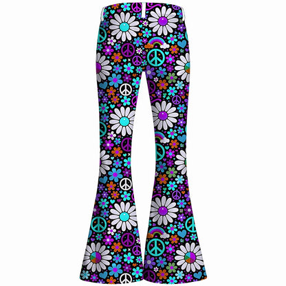 Retro 70s Peace Sign Floral High Waist Wide Flared Trousers