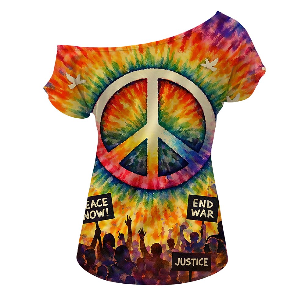 Retro 70s Peace Symbol Tie-Dye One Shoulder Short Sleeves T-shirt