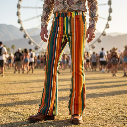 Retro 70s Colorful Stripes High Waist Wide Flared Trousers