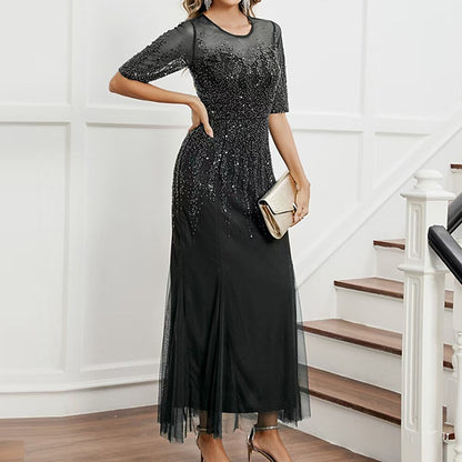 Elegant Beaded Half Sleeve Evening Gown