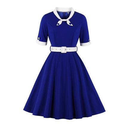 Women's 1950s Contrast Color Block Lapel Collar Belted A-Line Dress