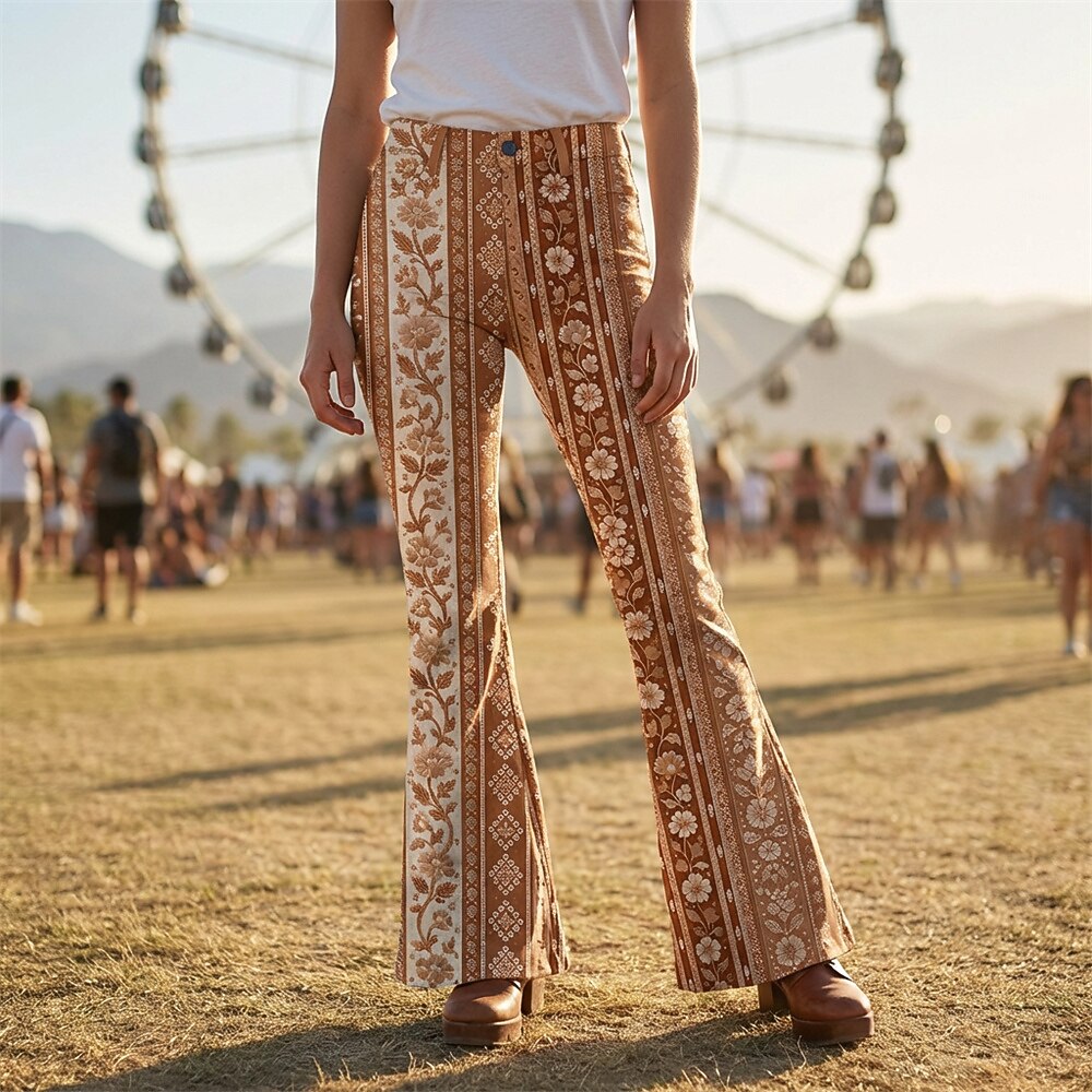 Retro 70s Ethnic Floral Striped High Waist Wide Flared Trousers