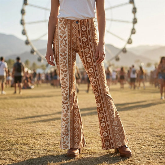 Retro 70s Ethnic Floral Striped High Waist Wide Flared Trousers