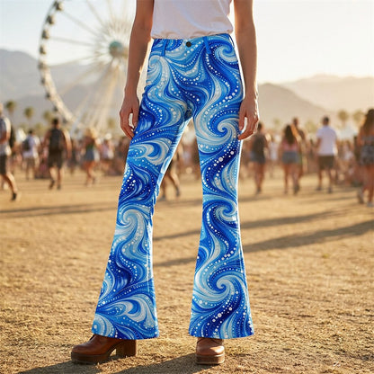 Retro 70s Swirling Waves High Waist Wide Flared Trousers