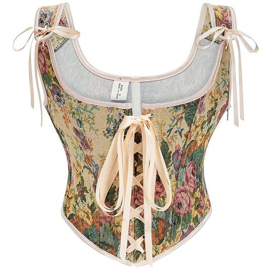 Vintage Floral Tapestry Lace-Up Front U-Back Corset Top