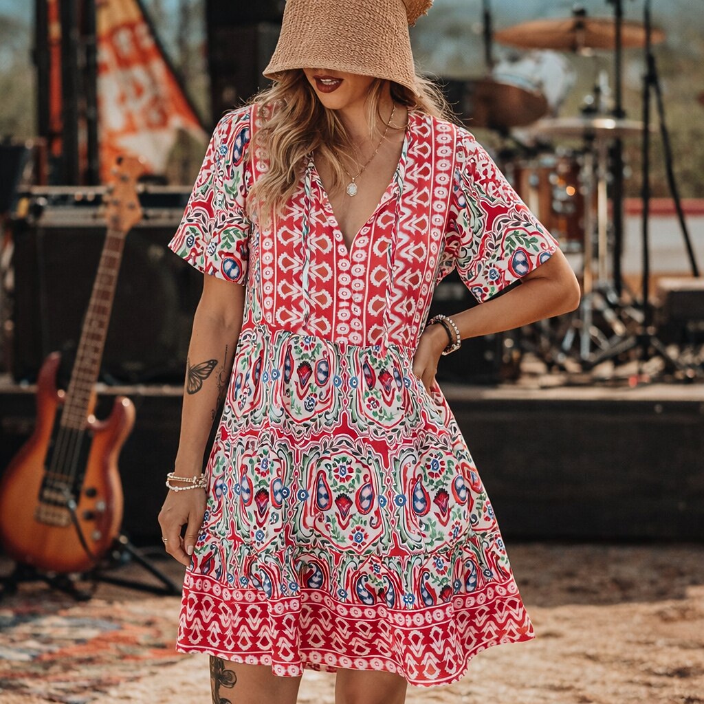 Retro 70s Bohemian Ethnic V-neck Empire Waist Mini Dress