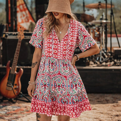 Retro 70s Bohemian Ethnic V-neck Empire Waist Mini Dress