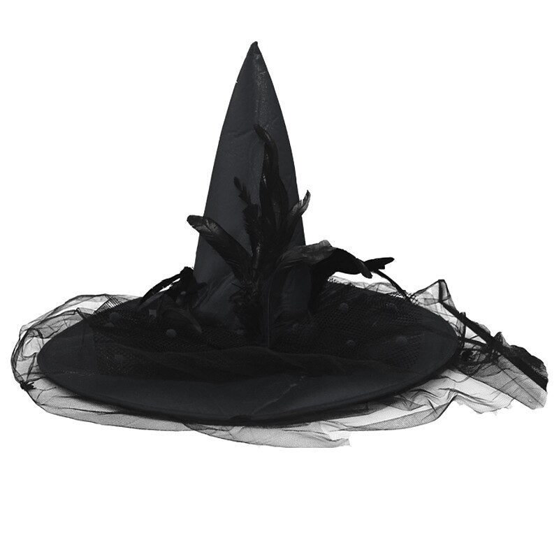 Black Witch Hat with Feathers Mesh Ruffle